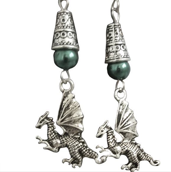 Handcreated Dragon Earrings on Stainless Steel Ear Wires with Green Accents - Picture 7 of 11